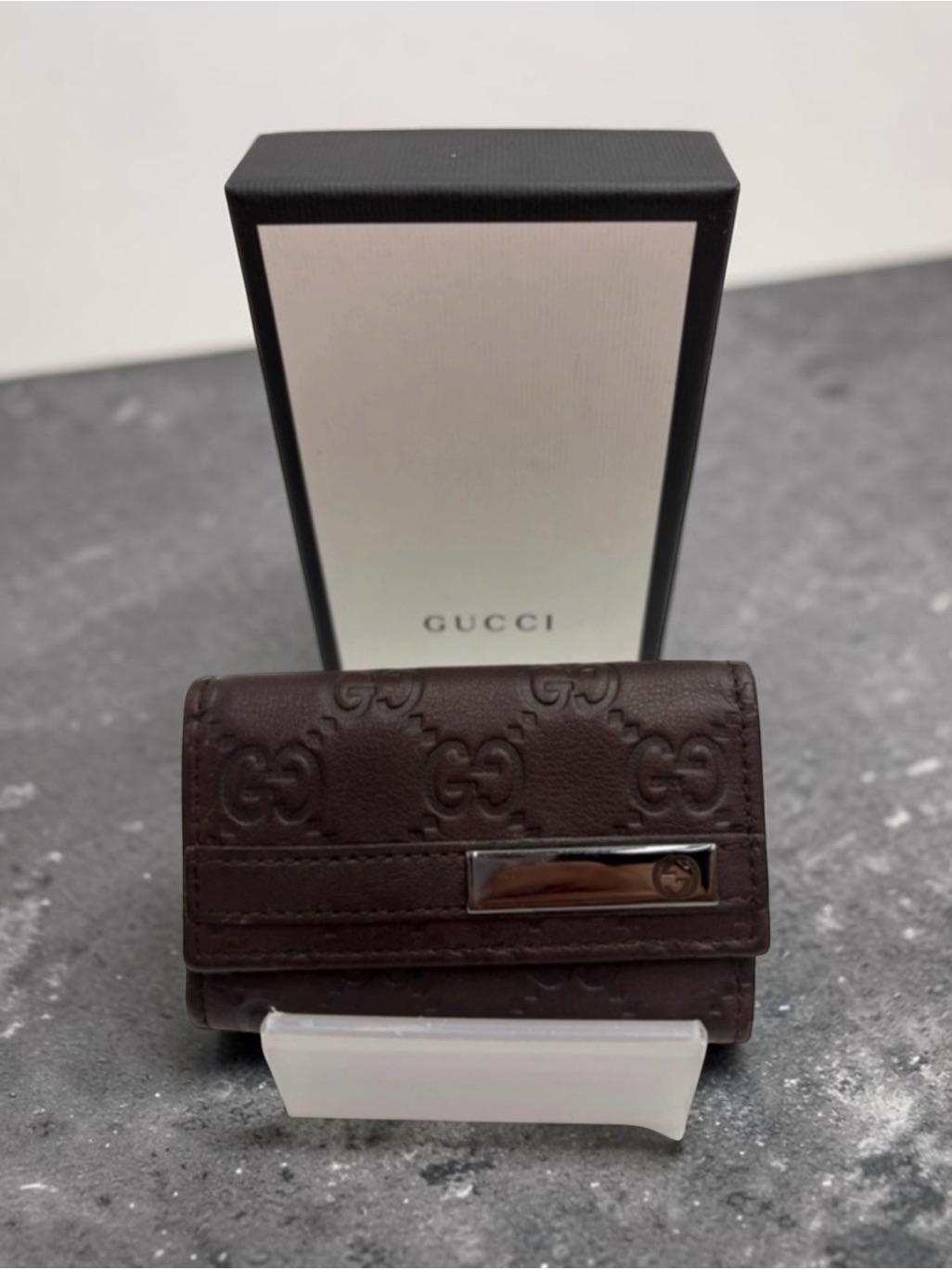 Gucci Dark Brown Gg Embossed Leather Key  Card Holder